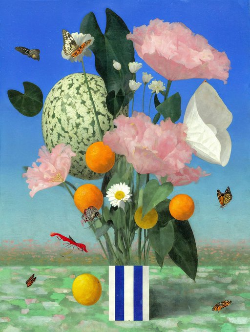 A still life painting features a watermelon, oranges, lemons, pink flowers, and butterflies in a striped blue and white vase against a bright blue sky over a green field.