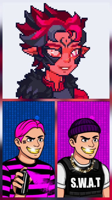 Three cartoon-style character portraits are displayed: a red-skinned demon-like character with spiky hair on top, a pink-haired character holding a cup on the bottom left, and a character in a "S.W.A.T." vest and beanie on the bottom right.