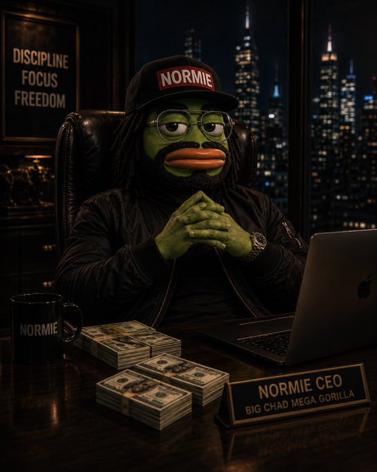 An AI-generated image of a green duck-like character wearing glasses and a 'NORMIE' cap, sitting at a desk with stacks of cash and a nameplate reading 'NORMIE CEO - BIG CHAD MEGA GORILLA' in front of a city skyline at night.