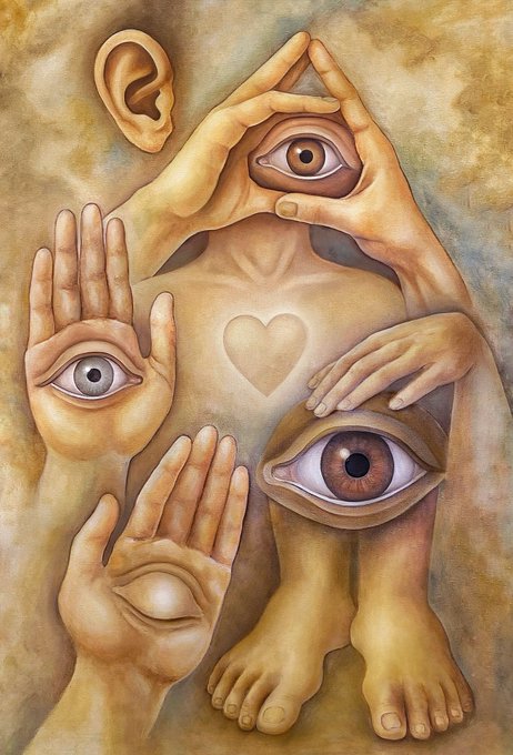 A surreal painting depicting a figure composed of hands, eyes, an ear, feet, and a heart symbol on the chest, representing various senses and body parts in an artistic composition.