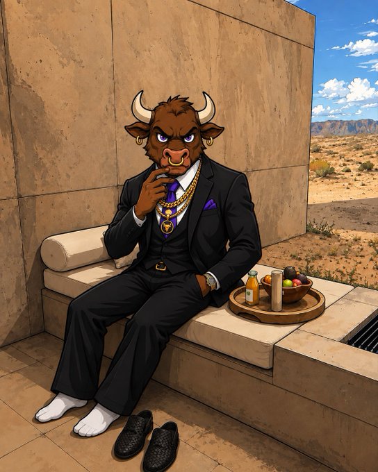 A well-dressed cartoon bull in a sharp black suit with gold chains and a purple tie sits on a stone bench in a desert landscape, smoking a cigar beside a tray of fruit and a drink, with black loafers placed on the ground in front of him. The image visually represents the "Cash Bull" memecoin (contract: DijuyPXSegeARop1nMhwtnV4UoUM3mx5nQdnt3Rpump), symbolizing bullish momentum following the 200M milestone of its predecessor "Cash Cat."