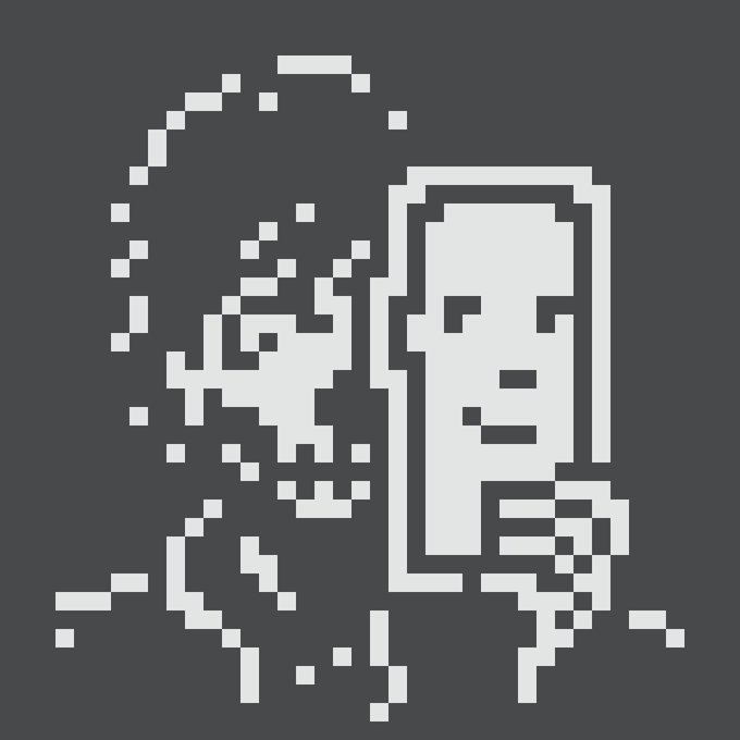 A pixel art style portrait depicts a simple white face on a dark background, appearing to dissolve or scatter into pixels on the left side.