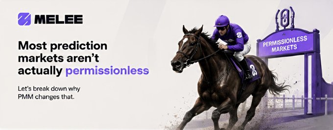 An advertisement banner for 'MELEE' featuring a jockey riding a horse past a purple finish line, with text reading 'Most prediction markets aren't actually permissionless' and 'PERMISSIONLESS MARKETS.'