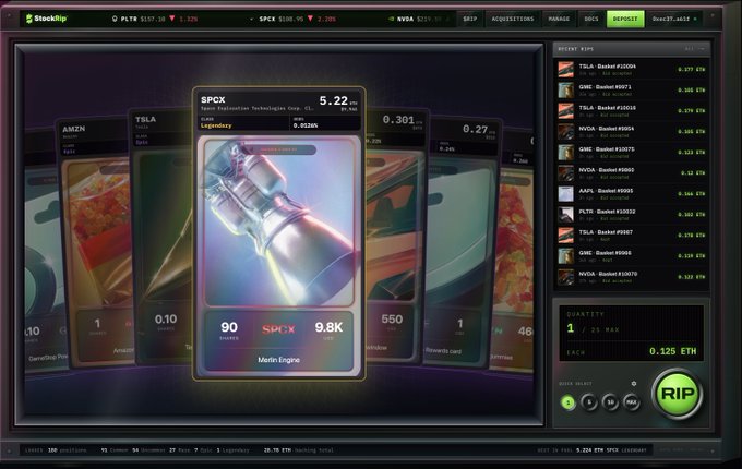A digital card marketplace interface displays a prominent Legendary "StockRip Crown" card for $SPCX (Space Exploration Technologies Corp. CL B), showing 90 shares, 5.22 ETH backing, 9.8K value, and a 0.0126% rip chance, flanked by other stock cards like $TSLA and $AMZN, with a "RIP" button at the bottom right and a recent rips ticker on the side. The image directly illustrates the post's details about the SPCX Legendary card and its payout options.