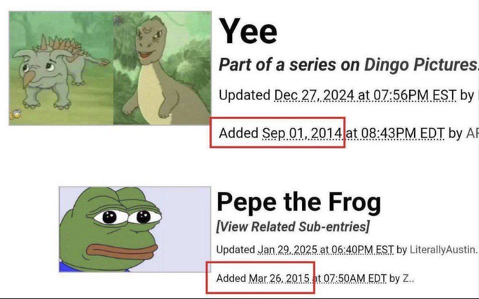 The image shows two Know Your Meme entries—"Yee" (added Sep. 01, 2014) and "Pepe the Frog" (added Mar. 26, 2015)—highlighting that Yee predates Pepe, supporting the post's claim that Yee is the "ancestor" deserving higher status than $PEPE.