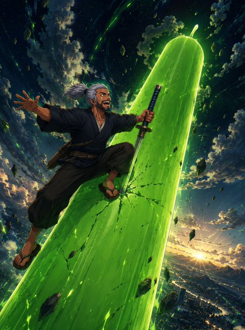 Anime-style illustration of a white-haired samurai in black robes riding a massive glowing green energy beam through a dramatic cloudy sky with a sunset below.
