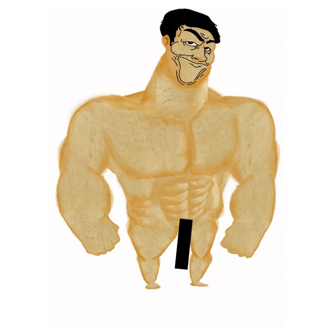 This image shows a buff, cartoonish figure with bodybuilder-like muscles and a stern expression, presumably representing a "Chad" meme, with a black bar censoring the genital area. The accompanying post regarding "Supply:777 Chain:ETH MP:FREEMINT Collabs Open" suggests this is an NFT project advertisement.