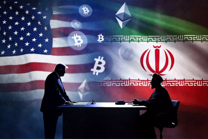 A conceptual digital illustration showing two silhouetted figures sitting at a table against a backdrop of the United States and Iranian flags, with floating cryptocurrency symbols like Bitcoin and Ethereum in the air.