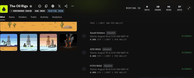 A dark-themed NFT minting page for 'The Oil Rigs' on the 'ROTTWOOD CHAIN', showing minting countdown (10 days) and three phases: Saudi Holders, GTO Rigs, and FCFS Rigs, all with 0.000 ETH pricing.