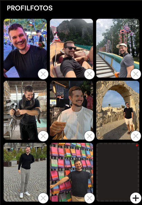 A mobile app screenshot titled 'PROFILFOTOS' showing a grid of eight profile pictures of a young man in various travel and casual settings.