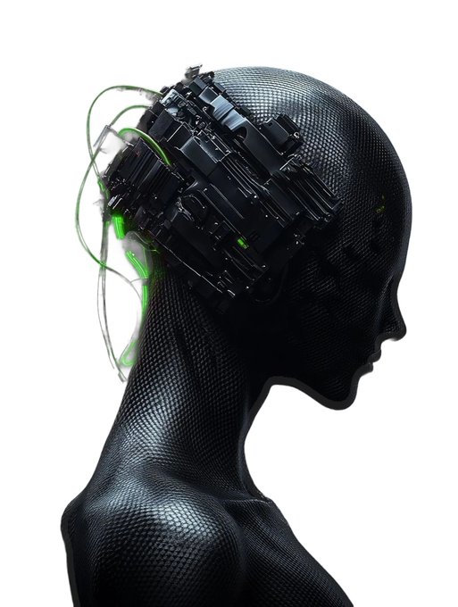 A futuristic digital render of a black humanoid head with mechanical components and green glowing liquid in the open brain area.