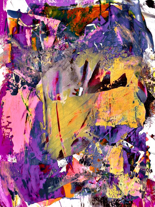 An abstract painting featuring bold, textured brushstrokes in vibrant shades of pink, purple, yellow, and orange.
