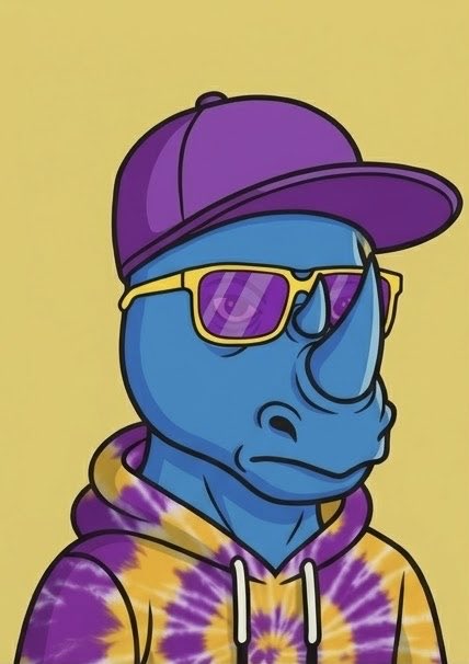 A cartoon illustration of a blue rhino character wearing a purple baseball cap, yellow-framed sunglasses, and a tie-dye hoodie against a yellow background.