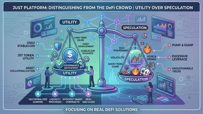 A balance scale infographic contrasts "Utility" (featuring USDJ stablecoin, JST token, decentralized lending, governance, and long-term value) against "Speculation" (pump & dump, excessive leverage, unsustainable yields), titled "JUST Platform: Distinguishing from the DeFi Crowd | Utility Over Speculation," visually reinforcing the post's message about JUST prioritizing real DeFi utility over speculative hype.