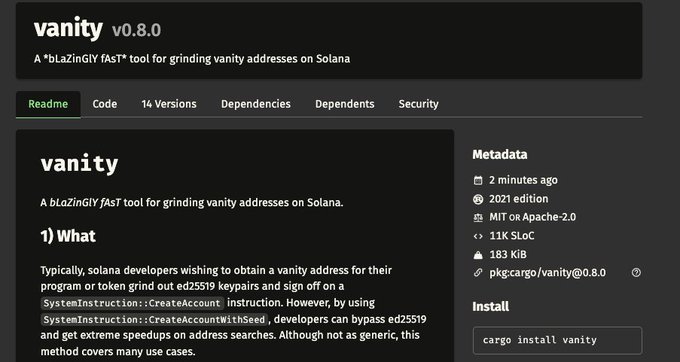 The image shows a crates.io page for "vanity v0.8.0," a bLazInGIY fAST tool for grinding vanity addresses on Solana. It relates to the post by showcasing the Rust package the author wrote a guide about for generating custom Solana addresses.