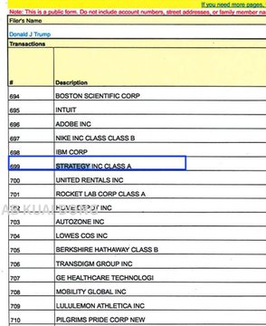 A public stock ticker display shows transactions for various companies, with 'STRATEGY INC CLASS A' highlighted in blue.