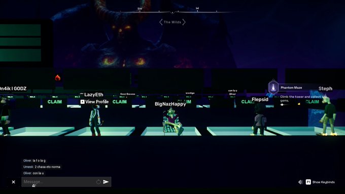 A screenshot from a blockchain-based virtual world game ("The Wilds") showing multiple player avatars (ind4ik1G0DZ, LazyEth, BigNaziHappy, Flepsid) standing on pedestals with a Phantom Maze task to climb towers.