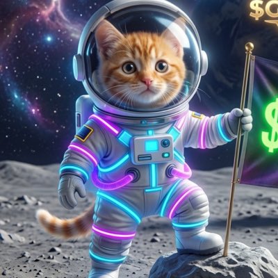 A digital illustration of an orange tabby kitten wearing a glowing neon-accented astronaut suit, holding a flag with a green dollar sign while standing on a lunar surface against a starry space backdrop.