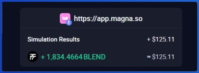 A dark-themed interface from app.magna.so showing 'Simulation Results' with '+ $125.11' and '+ 1,834.4664 BLEND' approximately equal to $125.11.