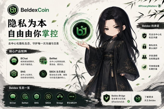 A promotional banner for BeldexCoin featuring an anime-style character in black robes, highlighting 'BChat', 'BelNet', 'BNS', and '$BDX' with Chinese text and 'PrivacyMatters'.