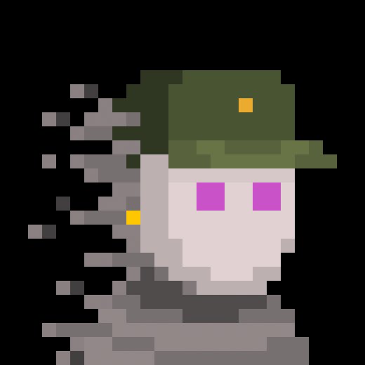 A pixel art rendering shows a figure with a green cap, purple eyes, and gray disintegrating effects emanating from the left side of the head and body against a black background.