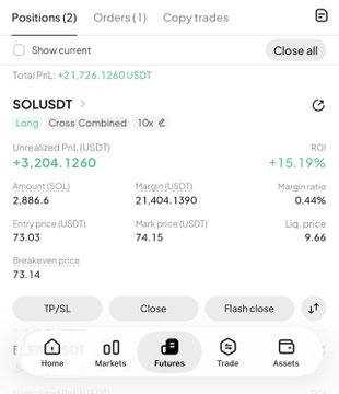 The image shows a Binance Futures position page for SOL/USDT with a long position of 2,886.6 SOL (21,404.1390 USDT margin) showing an unrealized profit of +3,204.1260 USDT (+15.19% ROI) at an entry price of 73.03 and mark price of 74.15. This aligns with the accompanying post claiming a $3,200 profit from a $SOL long position, with the screenshot serving as proof of the successful trade during the supposed bear market.