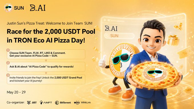 The image features a poster for the TRON Eco AI Pizza Day event. The poster includes a cartoon pizza character holding up a slice of pizza, with the text "Sun" written above it. Below this, there are two options for joining the race: "Race for the 2,000 USDT pool in TON ECONO AI Pizza Day!" and "Choose Team Sun! Join us at the TON ECONO AI Pizza Day!". The poster also includes a list of tasks to complete during the event.