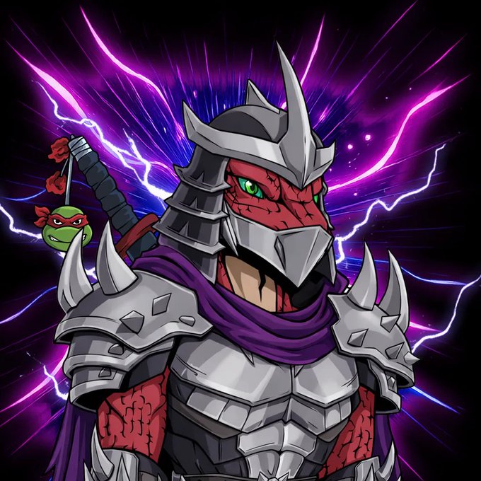 Digital artwork of a reptilian warrior in spiked silver armor with a purple scarf, accompanied by a small green turtle character on his shoulder, set against a background of purple lightning.