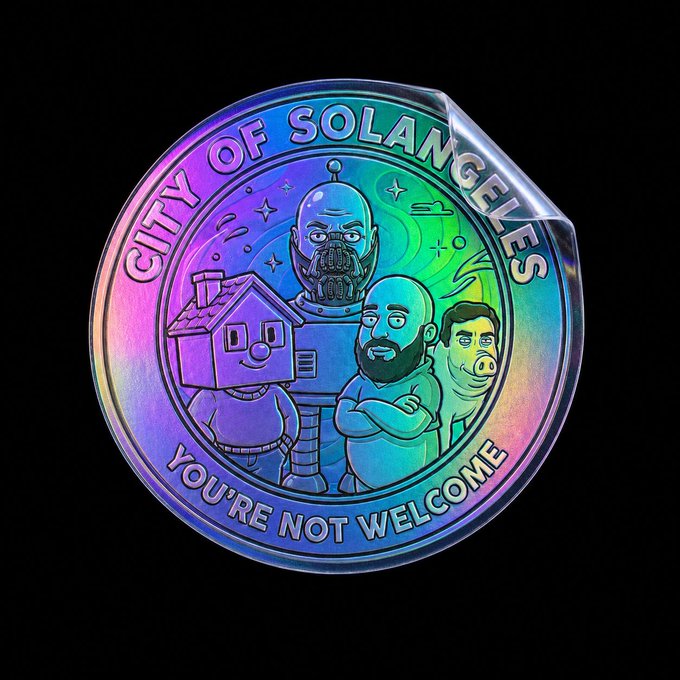 A holographic sticker reading 'CITY OF SOLANGELES YOU'RE NOT WELCOME' featuring cartoon characters including Bender and a pig-faced man.