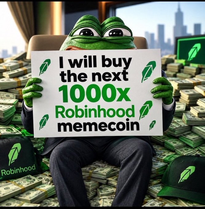 A meme image of the Pepe frog in a suit sitting on stacks of money holding a sign that reads 'I will buy the next 1000x Robinhood memecoin,' with Robinhood hats visible on the floor.
