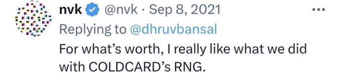 A tweet from verified user @nvk dated September 8, 2021, replying to @dhruvbansal, reads: "For what's worth, I really like what we did with COLDCARD's RNG." The image appears to be part of a conversation where someone is reacting with amusement ("lmao"), possibly to the claim about the COLDCARD hardware wallet's random number generator.