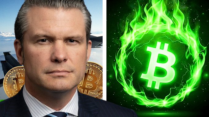 A split-image graphic showing a portrait of a man in a suit next to Bitcoin coins on the left, and a flaming green Bitcoin logo on the right.