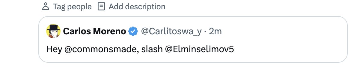A tweet from Carlos Moreno (@Carlitoswa_y) reading 'Hey @commonsmade, slash @Elminselimov5'.
