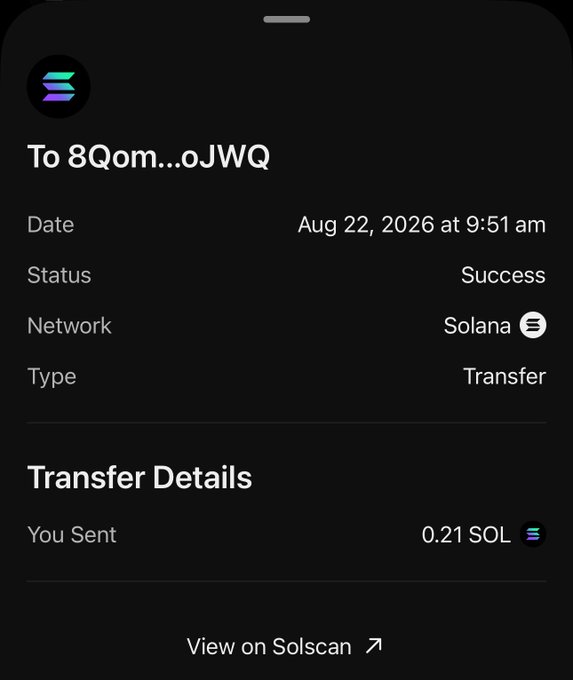 A completed Solana transaction showing 0.21 SOL successfully sent to the address 8Qom...oJWQ on Aug 22, 2026, likely serving as proof of payment to the first giveaway winner. The post references this transfer as evidence while asking followers to retweet for a chance to be the next winner.