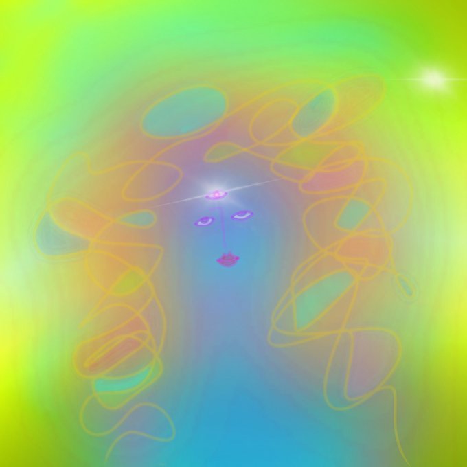 A neon-colored digital illustration of a woman's face surrounded by yellow-orange swirling hair lines, featuring a green and blue glowing background.