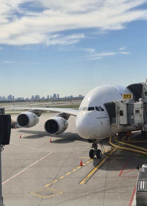 An Airbus A380 is parked at gate 173 of an airport, with text on the fuselage reading "Airbus A380-800." The image connects to the post by depicting the large international flight the author is taking back to the Middle East, while they anxiously await a potential surge in TSLA stock.