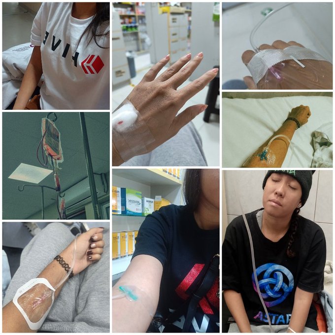 A collage of six photos shows a young woman receiving IV treatments in a medical setting, including close-ups of her bandaged hand with an IV line and her wrist tattoo.