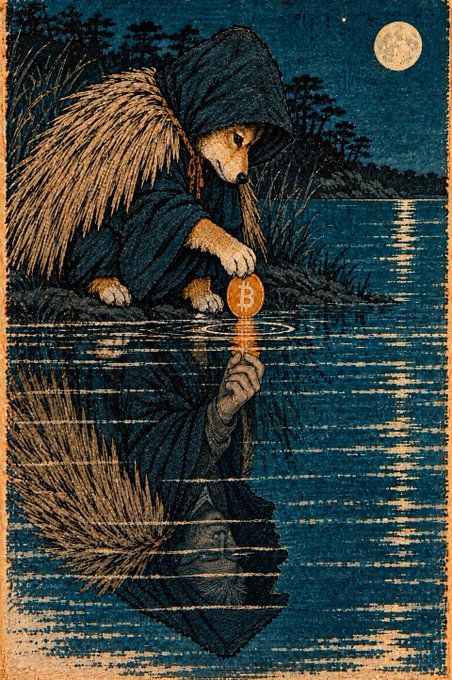 A vintage-style illustration of a hooded figure in a straw cloak kneeling by water at night, dropping a glowing Bitcoin token into the lake with its reflection visible below.