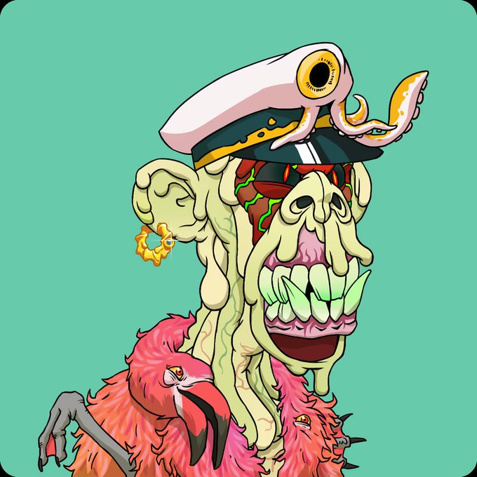 A grotesque cartoon illustration featuring a melting green Cthulhu-like creature with tentacles and sharp teeth, wearing a captain's hat with an eyeball and tentacle, alongside a pink flamingo-like bird.