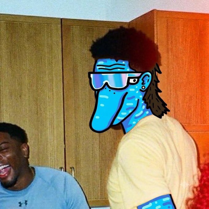 A person with a blue cartoon face filter stands smiling next to a laughing friend in what appears to be a kitchen with wooden cabinets. The image relates to the post's hype around $PATTYICE, which references the user @Pattyice being promoted by @blknoiz06 with claims of an 80% gain.