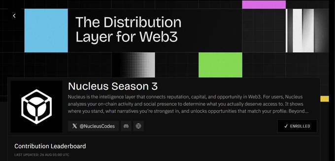A dark-themed promotional graphic titled 'The Distribution Layer for Web3' features 'Nucleus Season 3' with a description explaining it's an intelligence layer connecting reputation, capital, and opportunity, showing an @NucleusCodes Twitter handle and an 'ENROLLED' button.