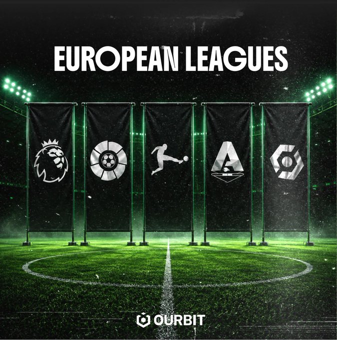 A promotional graphic titled "EUROPEAN LEAGUES" displayed against a green-lit football stadium backdrop, featuring five banners representing the Premier League, Scottish Premiership, Bundesliga, La Liga, and Ligue 1 logos with the "OURBIT" brand at the bottom, aligning with the post's announcement of trading opportunities for the Big 5 European Leagues.
