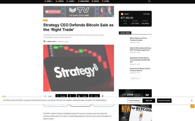 A webpage featuring an article titled 'Strategy CEO Defends Bitcoin Sale as the 'Right Trade'' with an image of a stock ticker and the Strategy logo.
