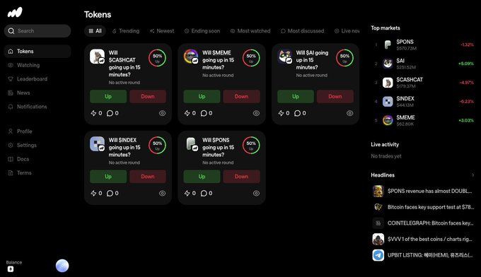 A dark-themed “Tokens” launch dashboard shows prediction markets such as “Will SASHICAT going up in 15 minutes?”, “Will $EMEME going up…”, and “Will $AI going up…,” each with Up/Down buttons, 50% indicators, and no active rounds. A sidebar includes Search, Tokens, Watching, Leaderboard, News, Notifications, Profile, Settings, Docs, and Terms, alongside Top markets tickers including $PONS, $AI, $SASHICAT, $INDEX, and $MEME.
