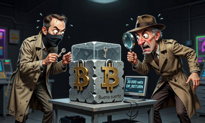 Two trench‑coat detectives argue over a cracked Bitcoin block labeled “Buena suerte” and a monitor displaying “30.000 sats OP_RETURN,” visualizing the hidden puzzle in Bitcoin’s genesis block that continues to challenge the community.