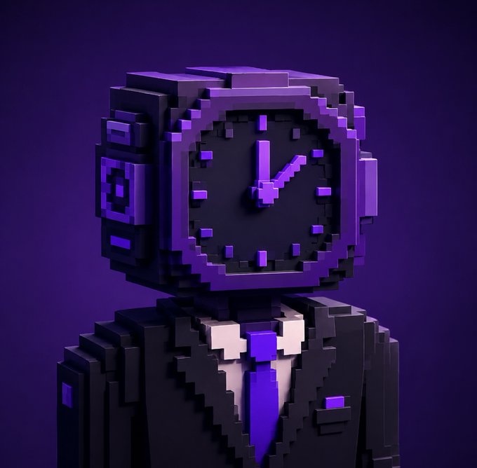 A pixelated 3D voxel-style character with a clock for a head, dressed in a dark suit with a purple tie, set against a deep purple background—visually representing the "clockout" NFT collection drop on INK.