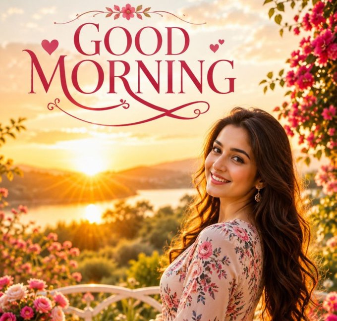 A decorative 'GOOD MORNING' graphic features a smiling young woman with long dark wavy hair in a floral dress, set against a scenic sunrise over a lake surrounded by mountains and pink flowers.