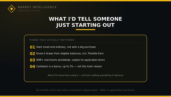 A black and gold infographic titled 'MARKET INTELLIGENCE EVERYDAY CRYPTO' presents 'WHAT I'D TELL SOMEONE JUST STARTING OUT,' listing four points about starting small, eligible balances, 90M+ merchants, and 3% cashback.