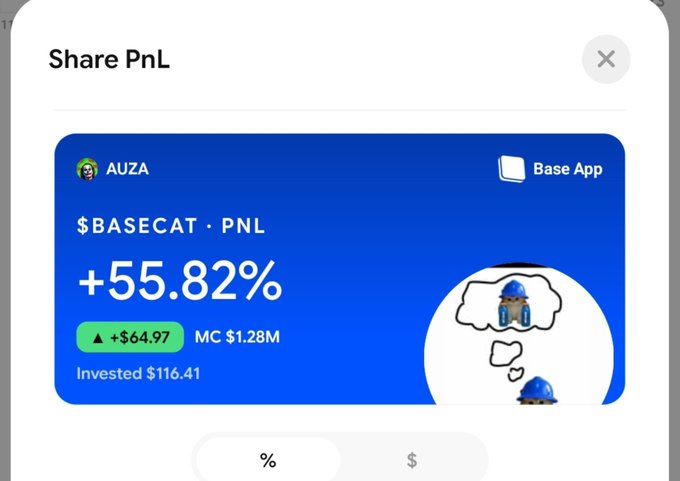 A "Share PnL" modal displays the user's $BASECAT trading performance, showing a +55.82% gain (+$64.97) on a $116.41 investment with a $1.28M market cap on the Base App, visually supporting the poster's excitement about $BASECAT and the return of the Base ecosystem wave.
