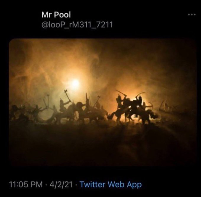 A tweet by user "Mr Pool" (@looP_rM311_7211) posted on 4/2/21 shows a dark, cinematic battle scene with silhouetted warriors on horseback clashing against a glowing orange backdrop, evoking the apocalyptic imagery of Revelation 8:22.